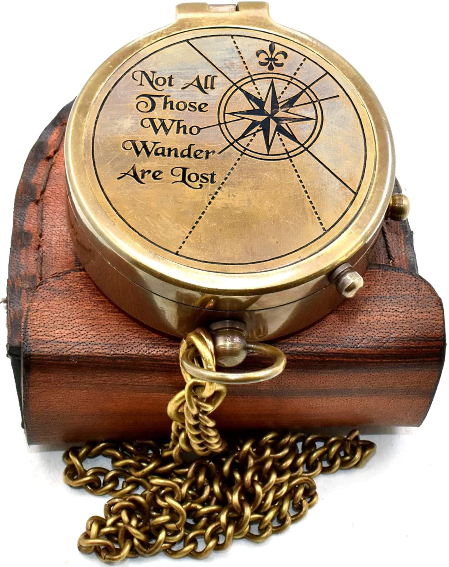 “Not All Those Who Wander are Lost” Engraved Solid Brass Compass with Leather Case & Chain | Vintage Style Pocket Compass for Men & Women | Hiking Compass | Graduatin Gift | Birthday Gift
