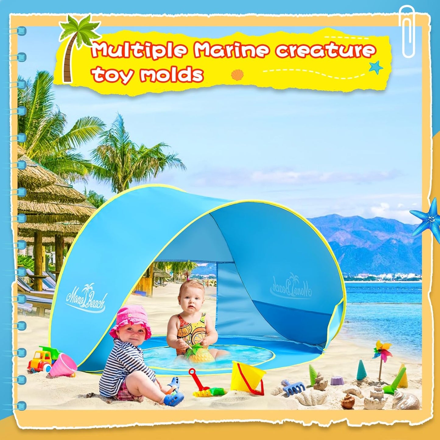 Monobeach Baby Beach Tent - Portable UPF50+ UV Protection Sun Shelter with Sand Toys | Blue