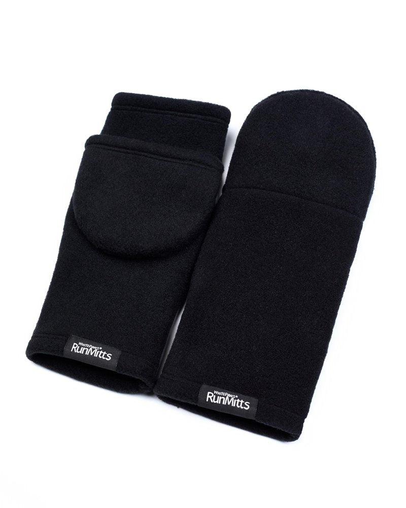 WhitePaws RunMitts Convertible Running Mittens, Double Velour Polartec Fleece, Thumbless Design with Hand Warmer Pocket, Made in USA (Black, Large)