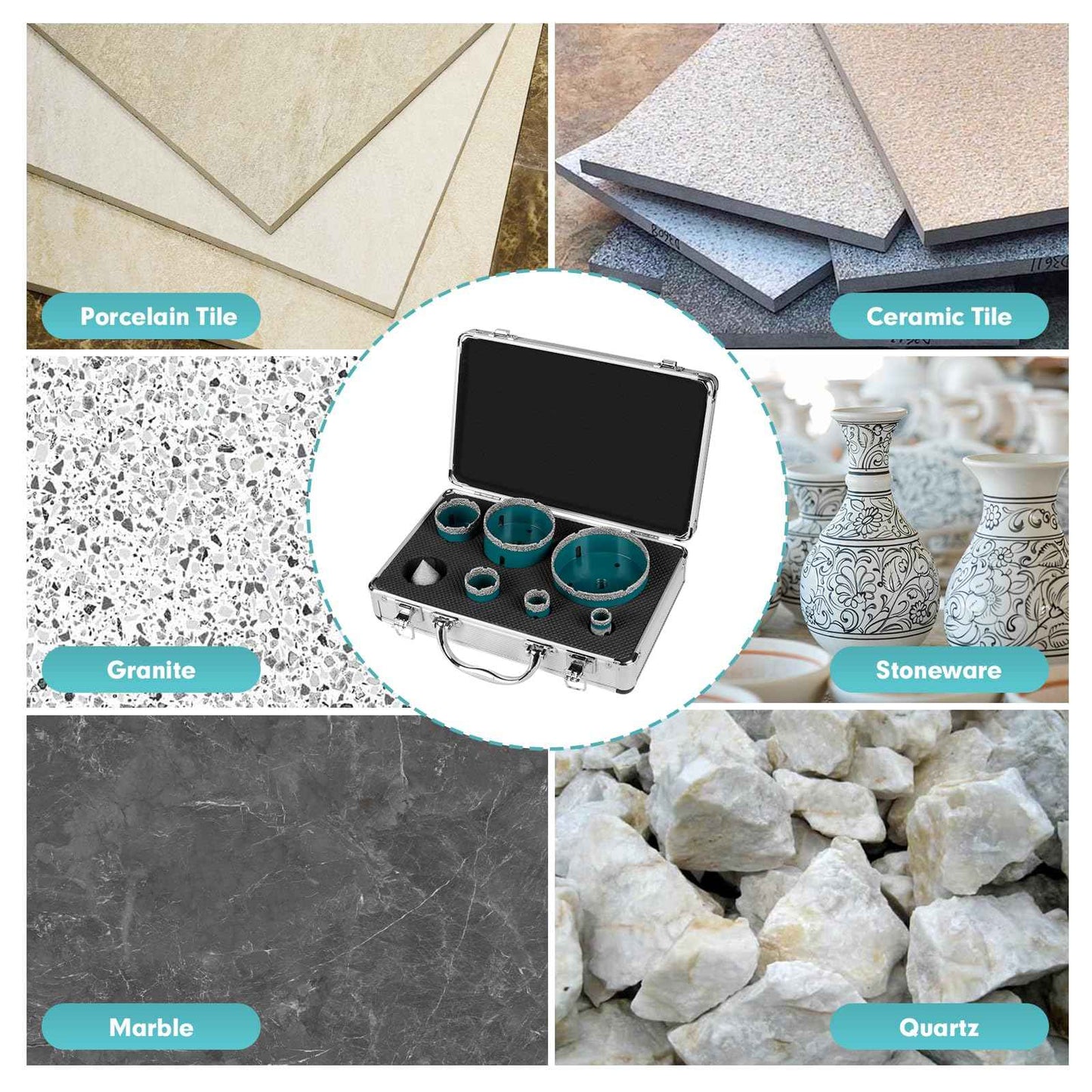 7Pcs Diamond Core Drill Bits Set - 5Pcs 25/35/50/75/100mm Drill Bits & 1Pc 50mm Chamfer Bit & 1pc 20mm Drilling Milling Bit - Hole Saw Set for Tile Granite Garble