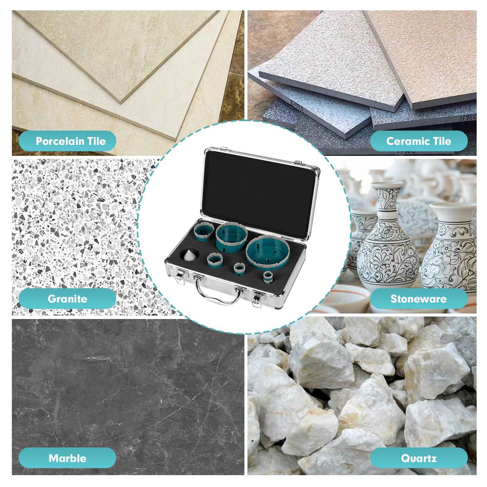 7Pcs Diamond Core Drill Bits Set - 5Pcs 25/35/50/75/100mm Drill Bits & 1Pc 50mm Chamfer Bit & 1pc 20mm Drilling Milling Bit - Hole Saw Set for Tile Granite Garble