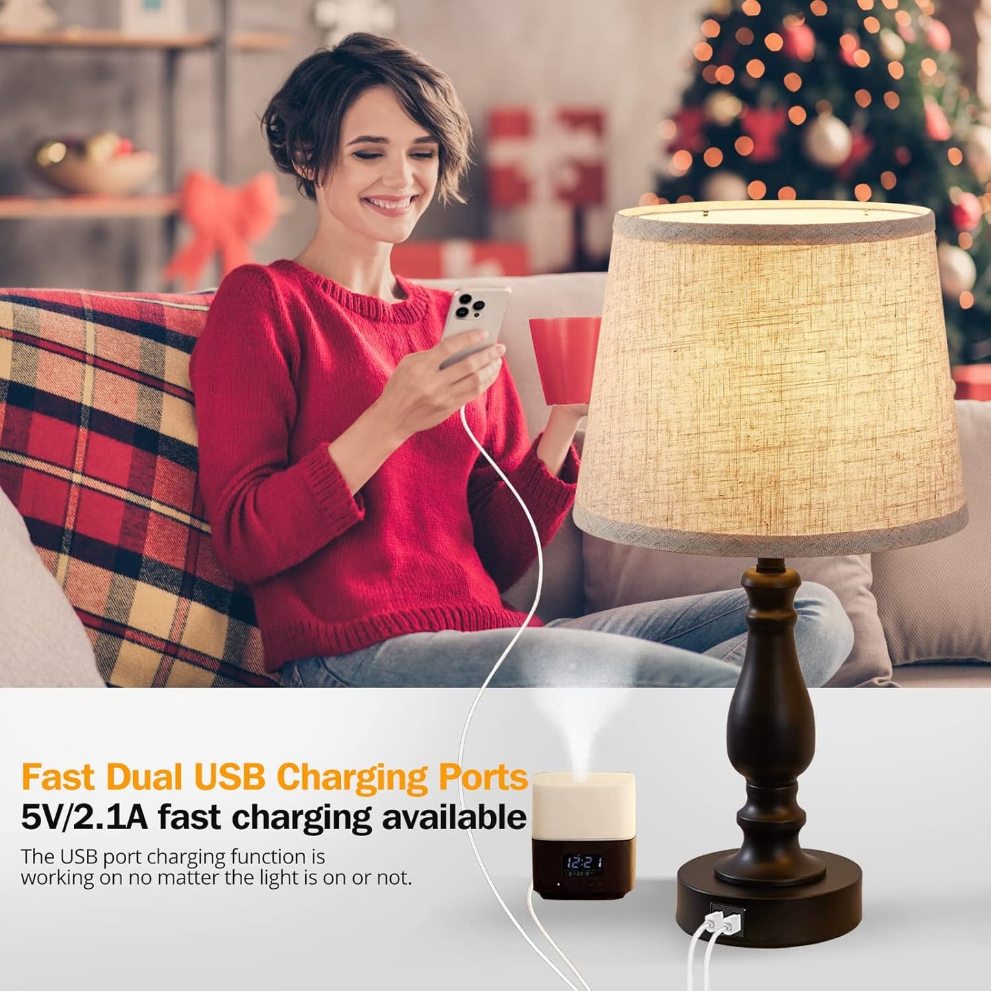 Touch Bedside Table Lamps Set of 2 with USB C+A Ports - 3-Way Dimmable Linen Shade