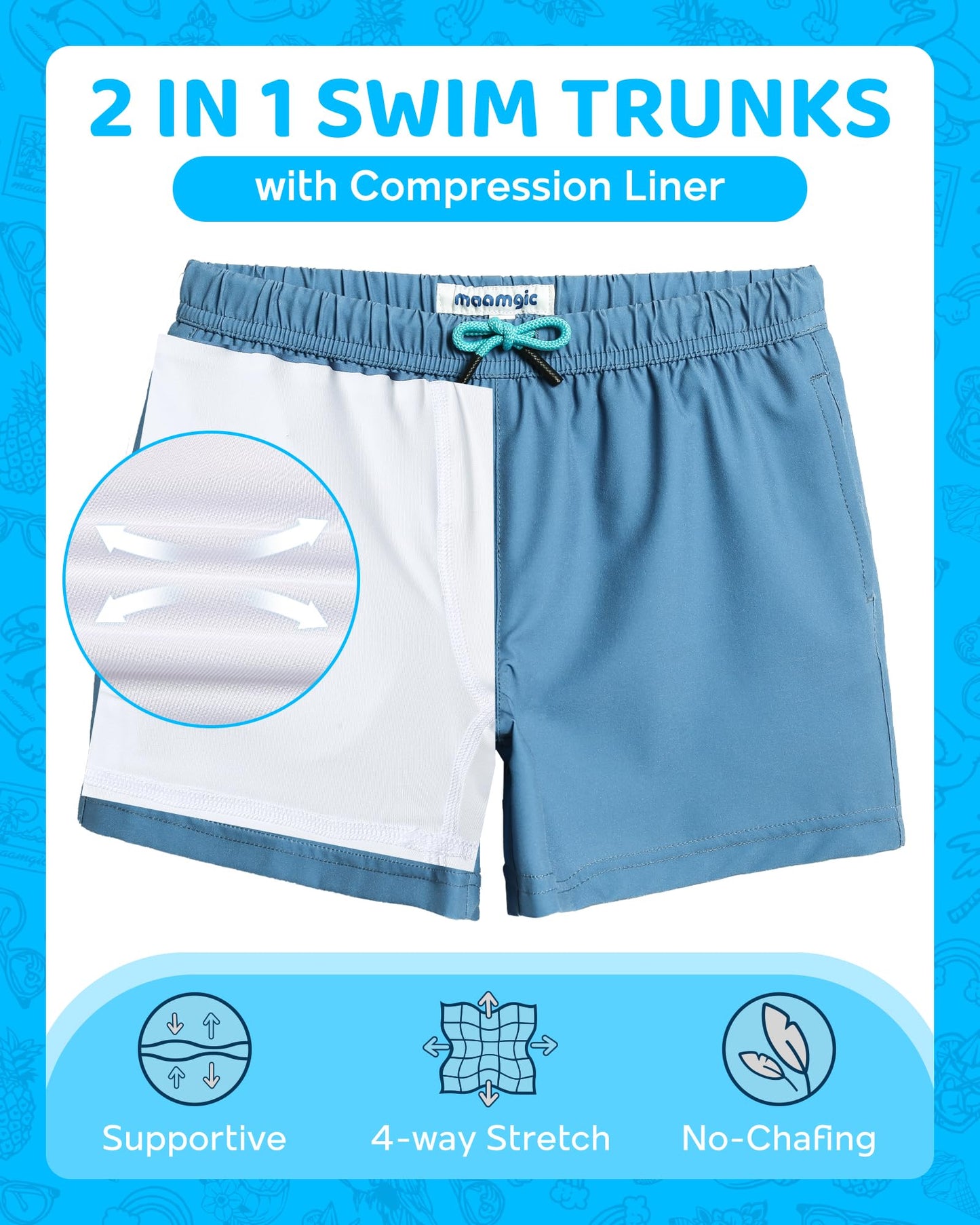 maamgic Boys Swim Trunks with Compression Liner 4-Way Stretch Quick Dry Swim Shorts Swimming Trunks Toddler Boy Haze Blue White 4T