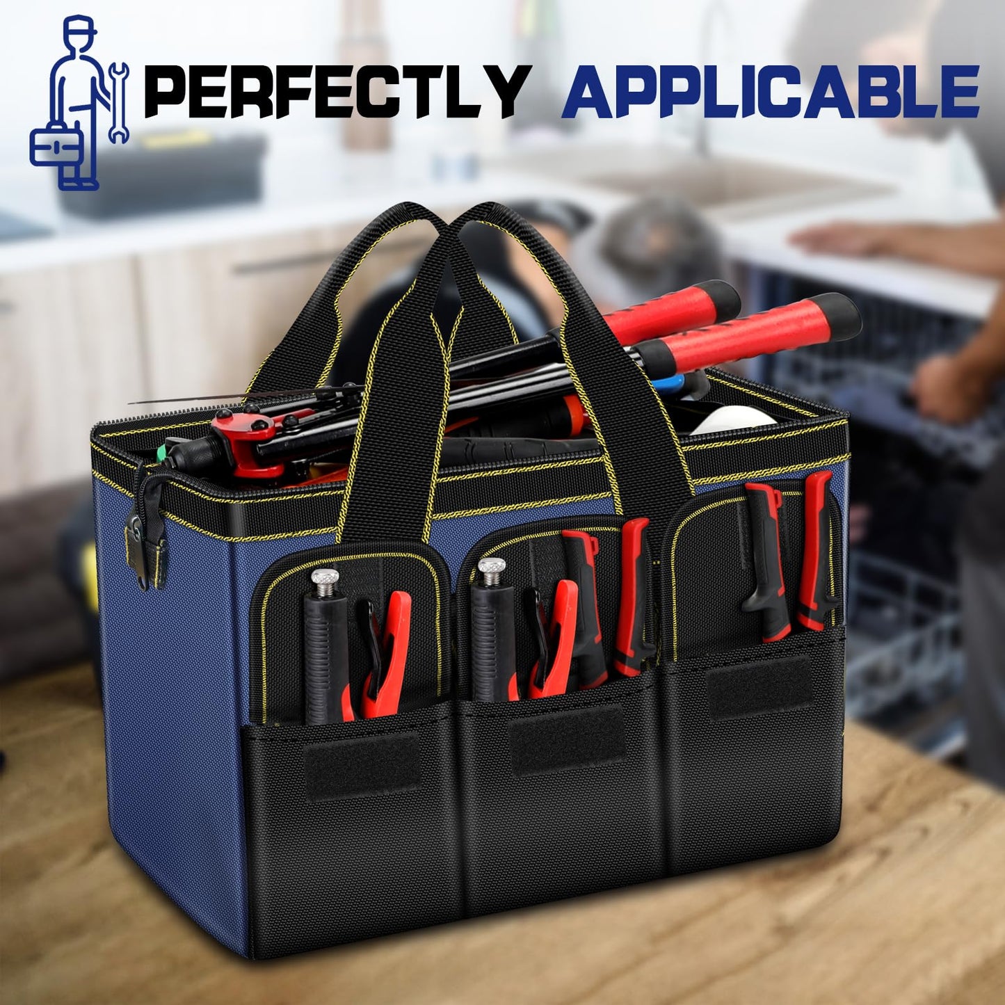 Tool Bag 2-Pack Set | AIRAJ 14" & 16" Portable Tool Bag | Wide Mouth Tool Bags for Men and Women | Small Tool Tote | Tool Organizer for Home Repairs,Garage Storage,Professional Work | Tool Box