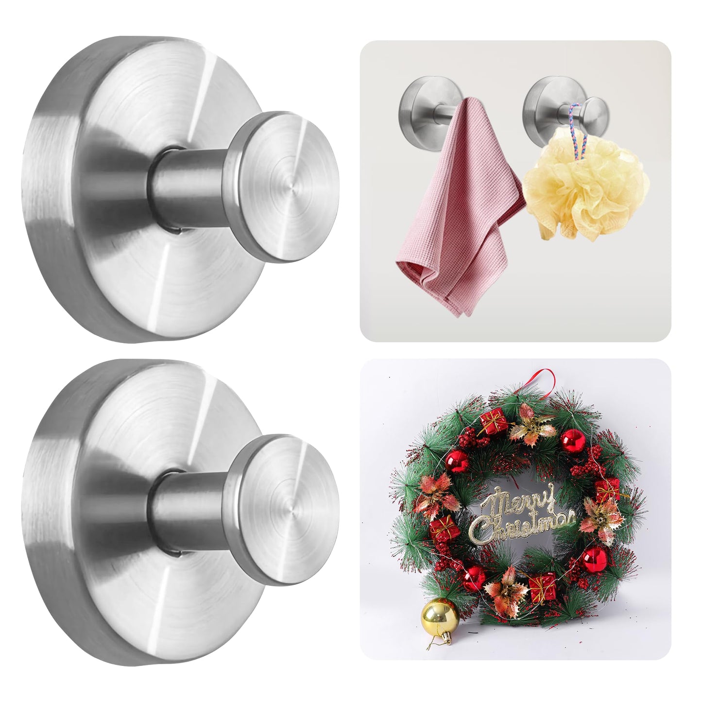 Suction Cup Hooks for Bathroom and Shower - Brushed Nickel Adhesive Hooks for Towel, Loofah - Removable Hook for Kitchen, Glass, Mirror, Door, Tile - Ideal for Coat, Wreath, Hanging Needs (Pack of 2)