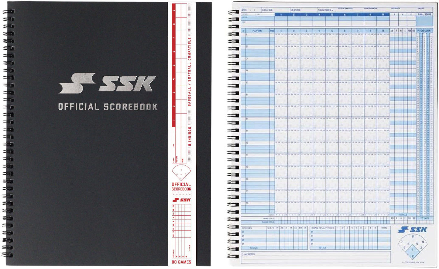 SSK 80 Game Official Scorebook Baseball + Softball – Premium Cover Score Keeping Book – 15 Player - Home + Away Team – 9.25”x12” (80 Games)