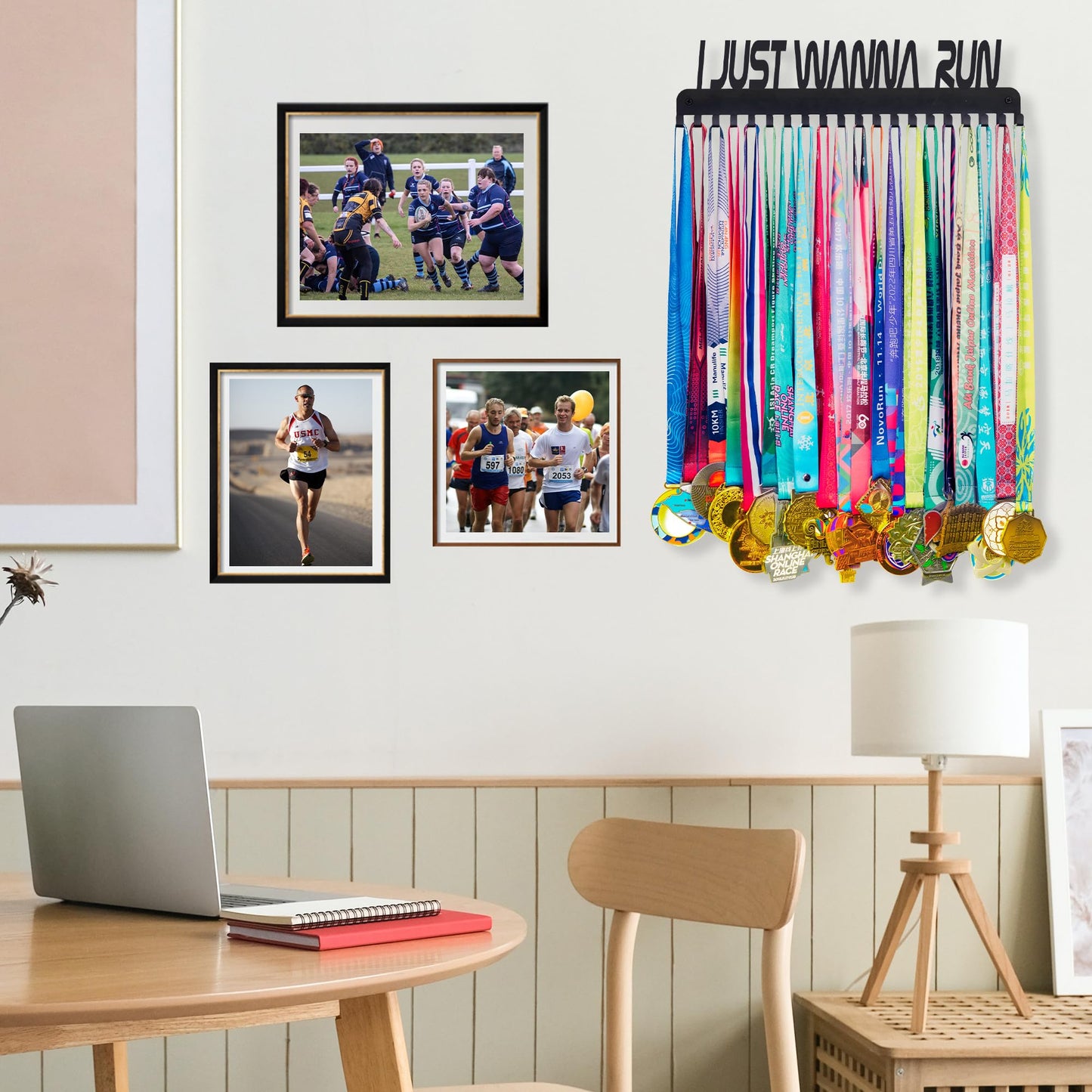 Goutoports Personalized Medal Hanger Display Rack - I Just Wanna Run - Metal Sports Race Plaques Holder for Wall Hold Up 60 Medal Award Track & Field Accessories for Running Soccer Athlete Boy Girl