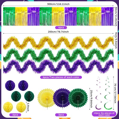 Norme 41 Pcs Mardi Gras Parade Golf Cart Decoration, Float Mask Cutout Foil Fringe Curtains Garland Paper Pompoms Hanging Fan Swirls Purple Green Gold Decor for New Orleans Mardi Gras Party Decoration