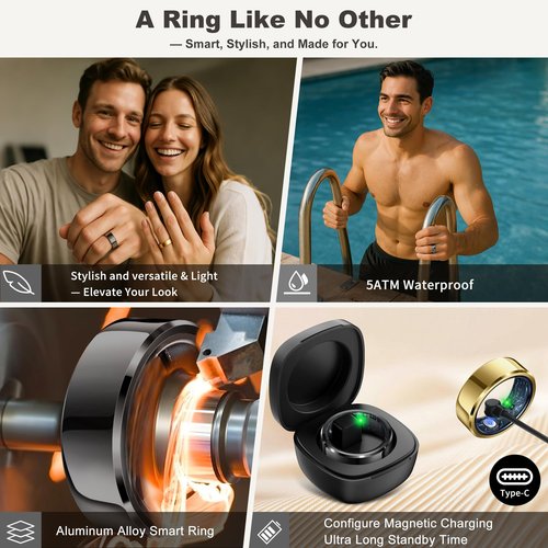 RIFESI Smart Ring for Women Men,Fashion Modern Minimalist Fitness Ring& Sleep Tracker Ring with Heart Rate,Blood Pressure,5ATM Waterproof Health Ring,No Subscription, Gift(Black,Size 9)