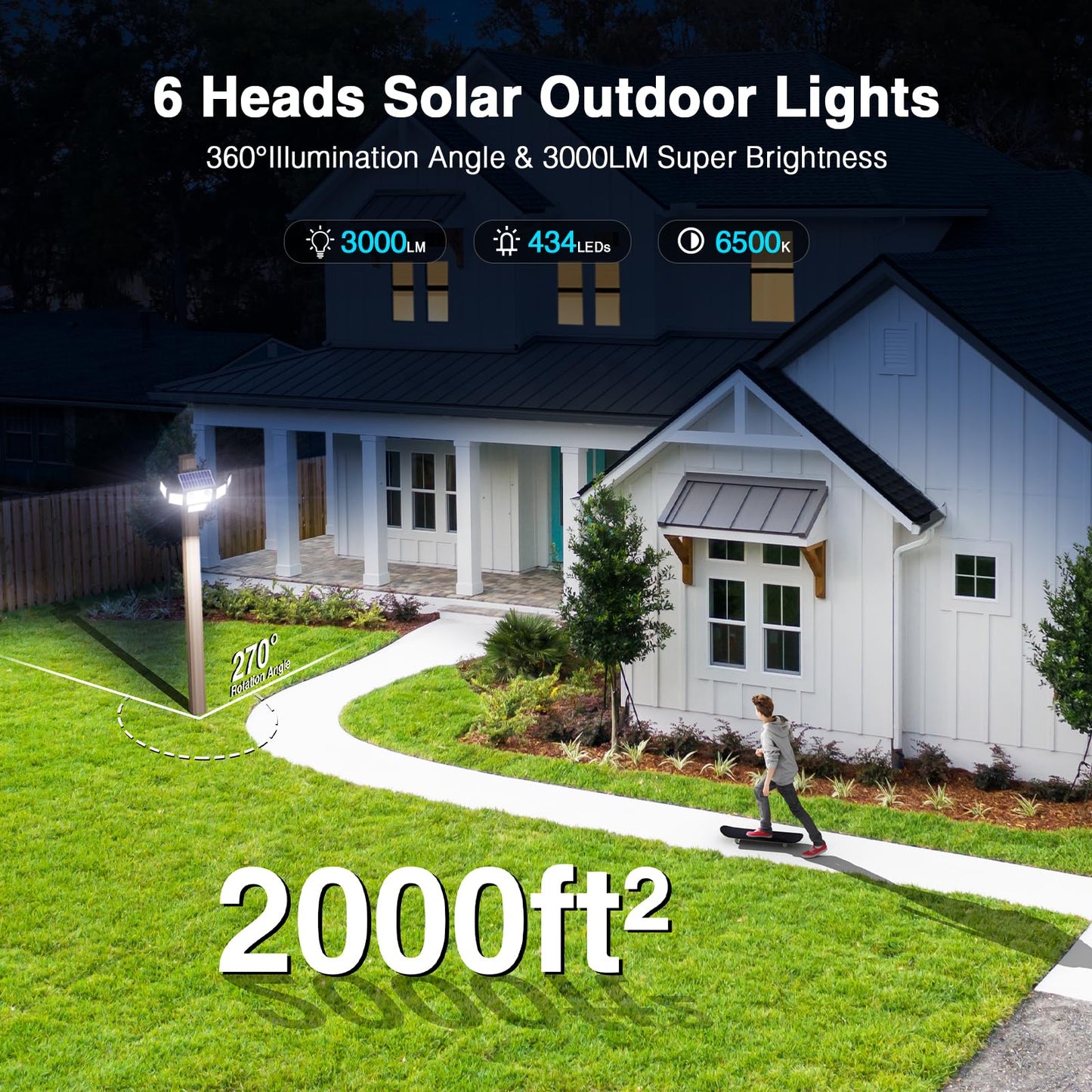 SZPOWER Solar Lights Outdoor Waterproof, 434 LED 3000LM Solar Flood Lights Outdoor with 2 Motion Sensor, 6 Heads Security Light with Remote Control for Yard Outside House Garage 3 Pack