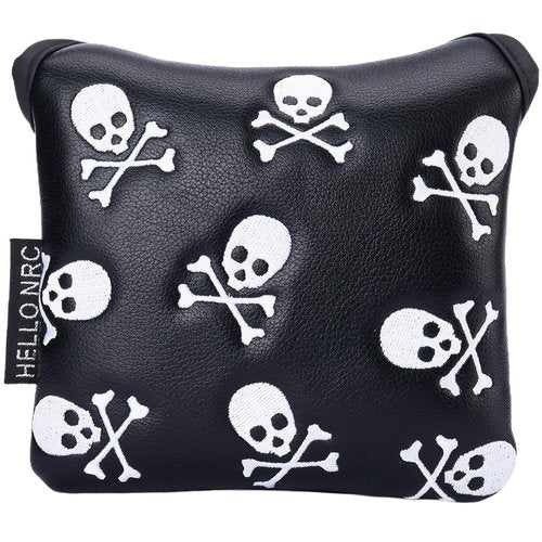 Gbourly Golf Club Skull Square Mallet Putter Cover Magnetic Closure Skeleton PU Leather Headcover,Black