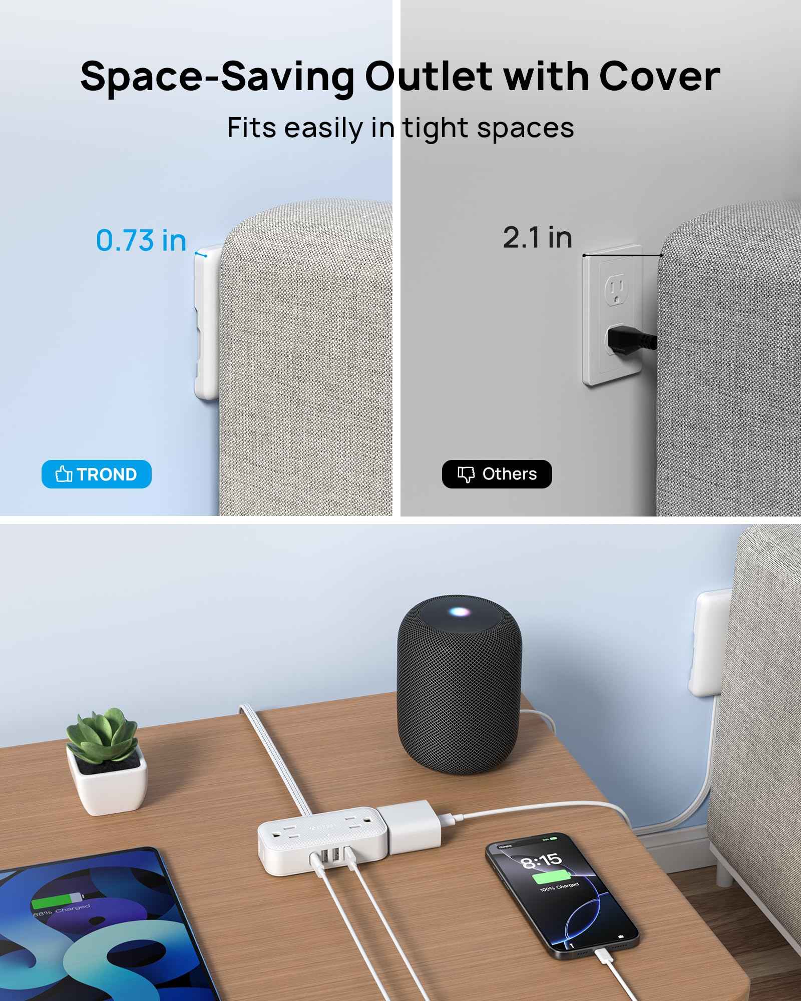 TROND Flat Plug Power Strip with Outlet Cover - 10ft Flat Extension Cord Outlet Extender Concealer with 4 AC 4 USB Ports, Fit Standard Size Wall Plate for Kitchen Home Office to Hide Messy, White