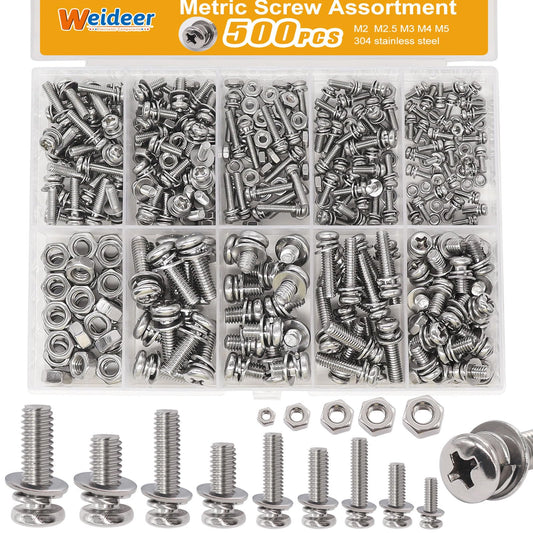weideer 500Pcs Nut and Bolt Assortment Kit,M2 M2.5 M3 M4 M5 Machine Screws, 304 Stainless Steel Combination Screws for Electronics,Motorcycle,DIY Projects K-188