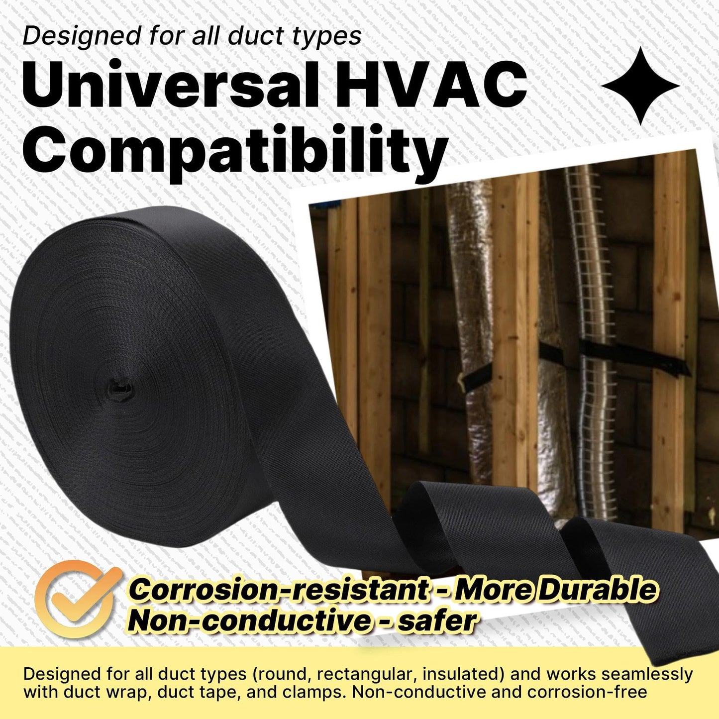 Yudylg Heavy Duty Duct Strap – 1.95 in x 147 ft Black Nylon Strapping for HVAC Duct, Durable Wrap Support Band for Building & Home Improvement