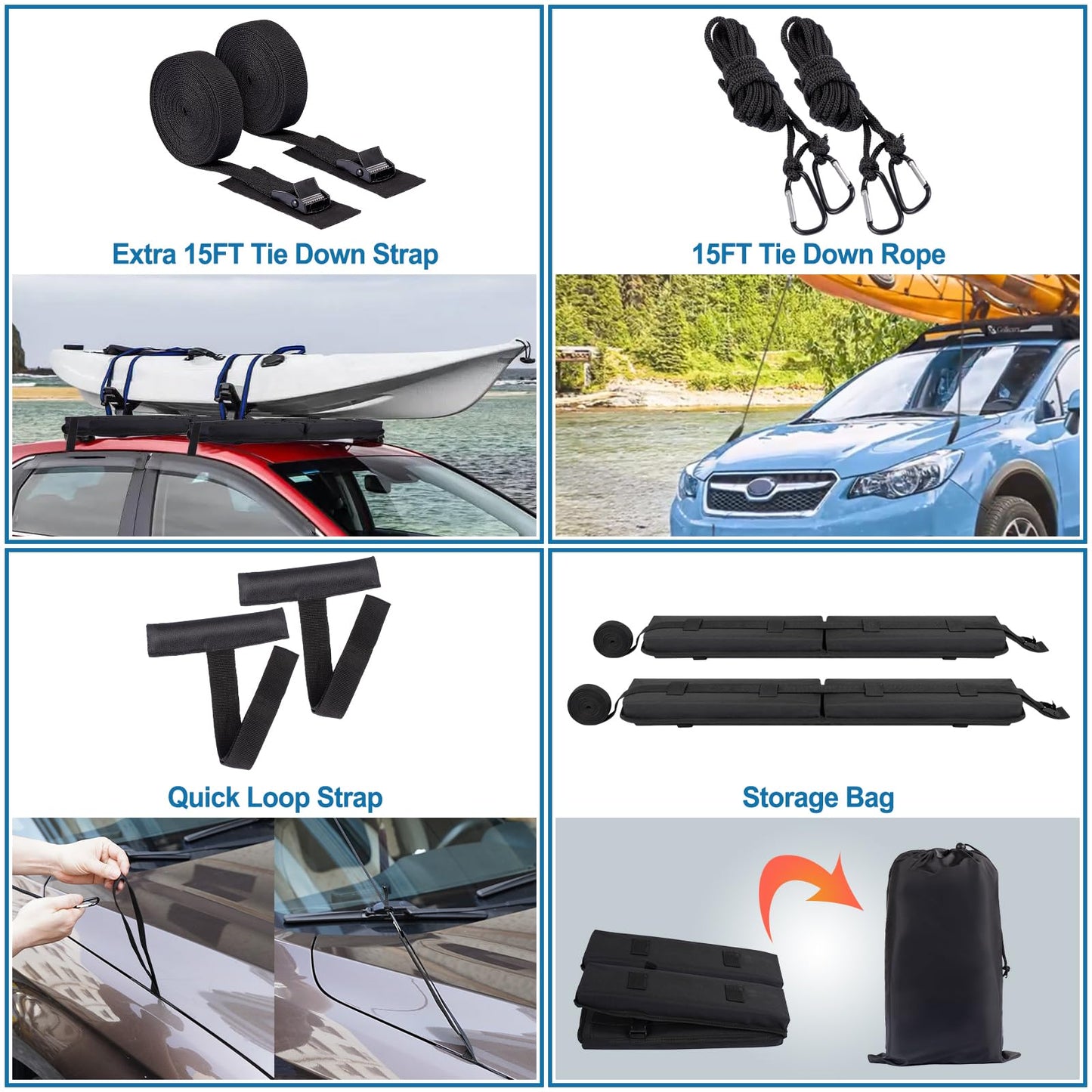 ChimimeDecor Universal Soft Roof Rack Pads 30“ Luggage Carrier System for Kayak,Surfboard, SUP, Canoe, Snowboard with 2 Tie Down Straps, 2 Tie Down Ropes, 2 Hood Loops and Storage Bag(Black)