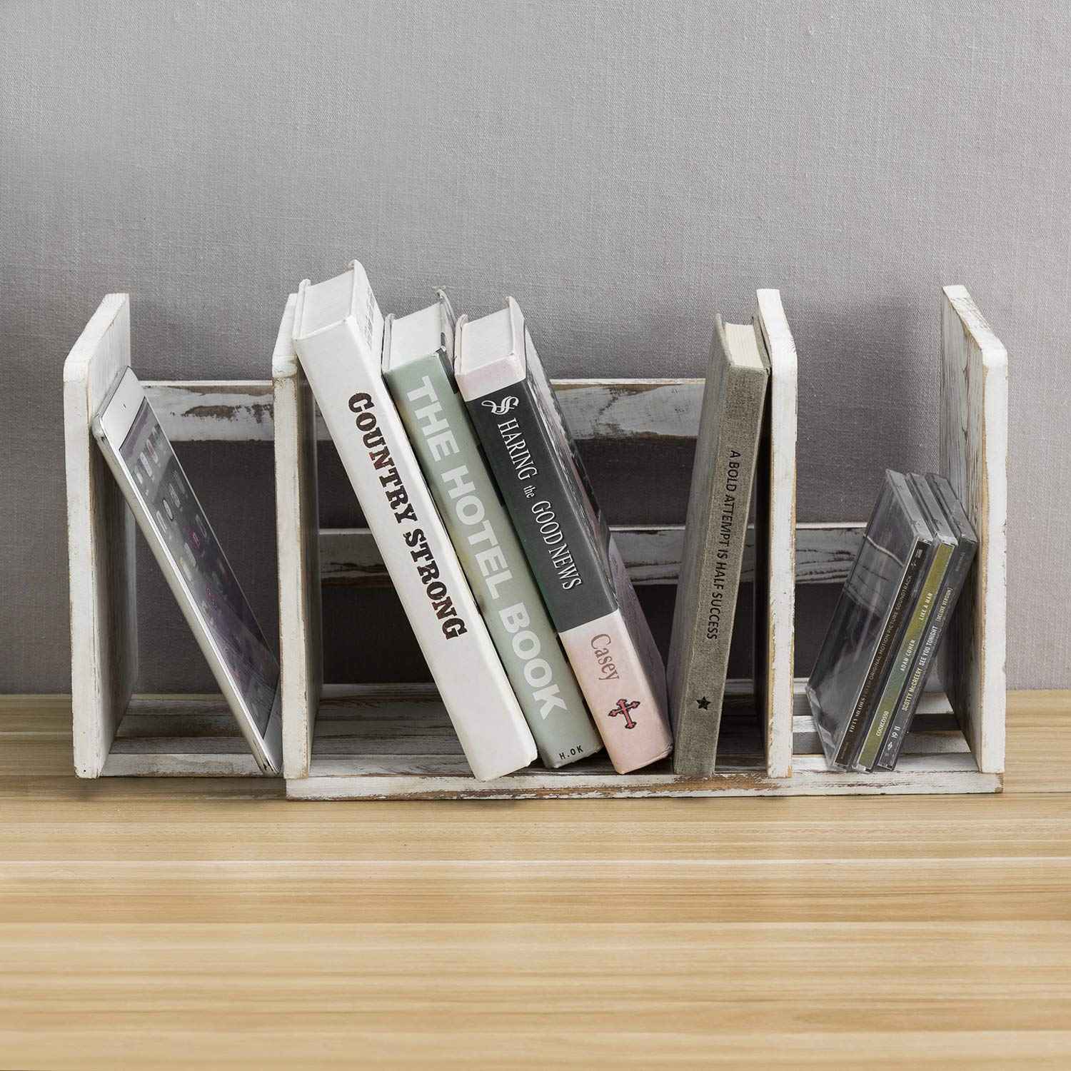 MyGift Rustic Expandable Whitewashed Wood Desktop Bookshelf/Adjustable Tabletop Book Holder Organizer Rack