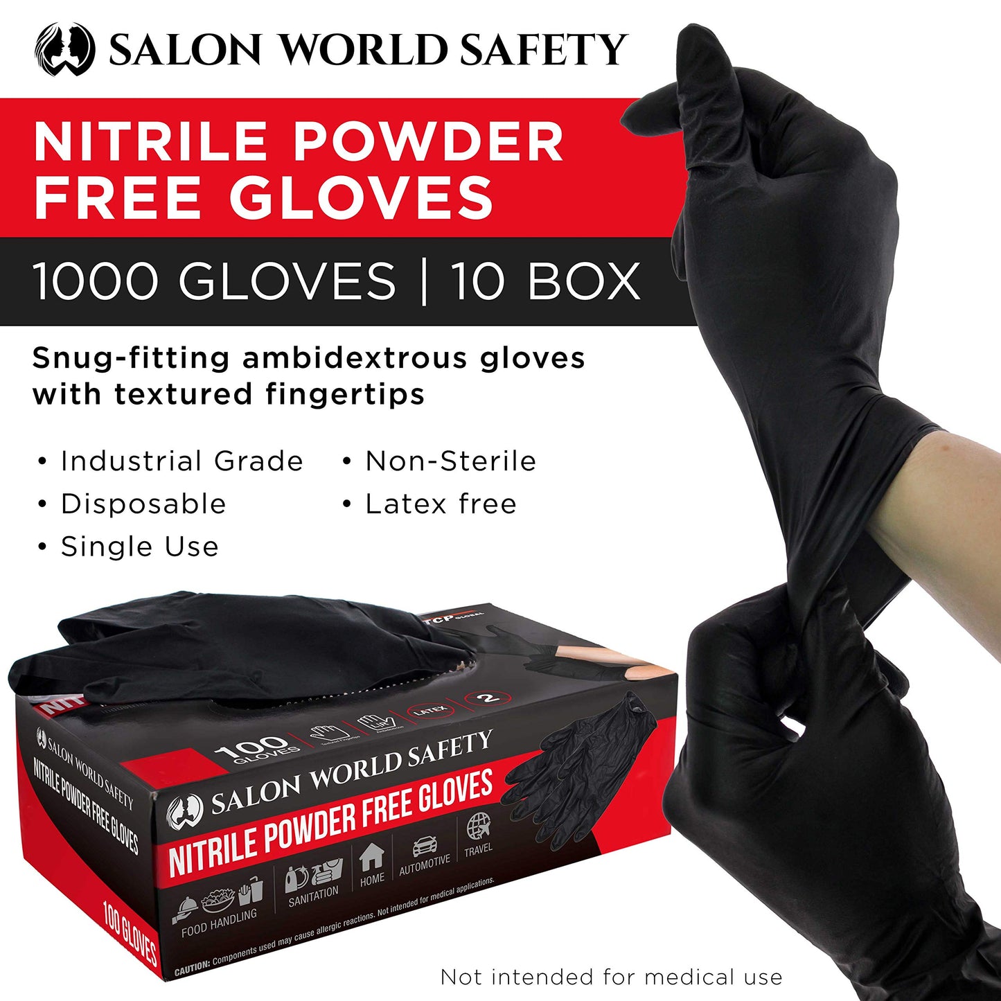 Salon World Safety Black Nitrile Disposable Gloves, 10 Boxes of 100, Size Large, 5.0 Mil - Latex Free, Textured, Food Safe