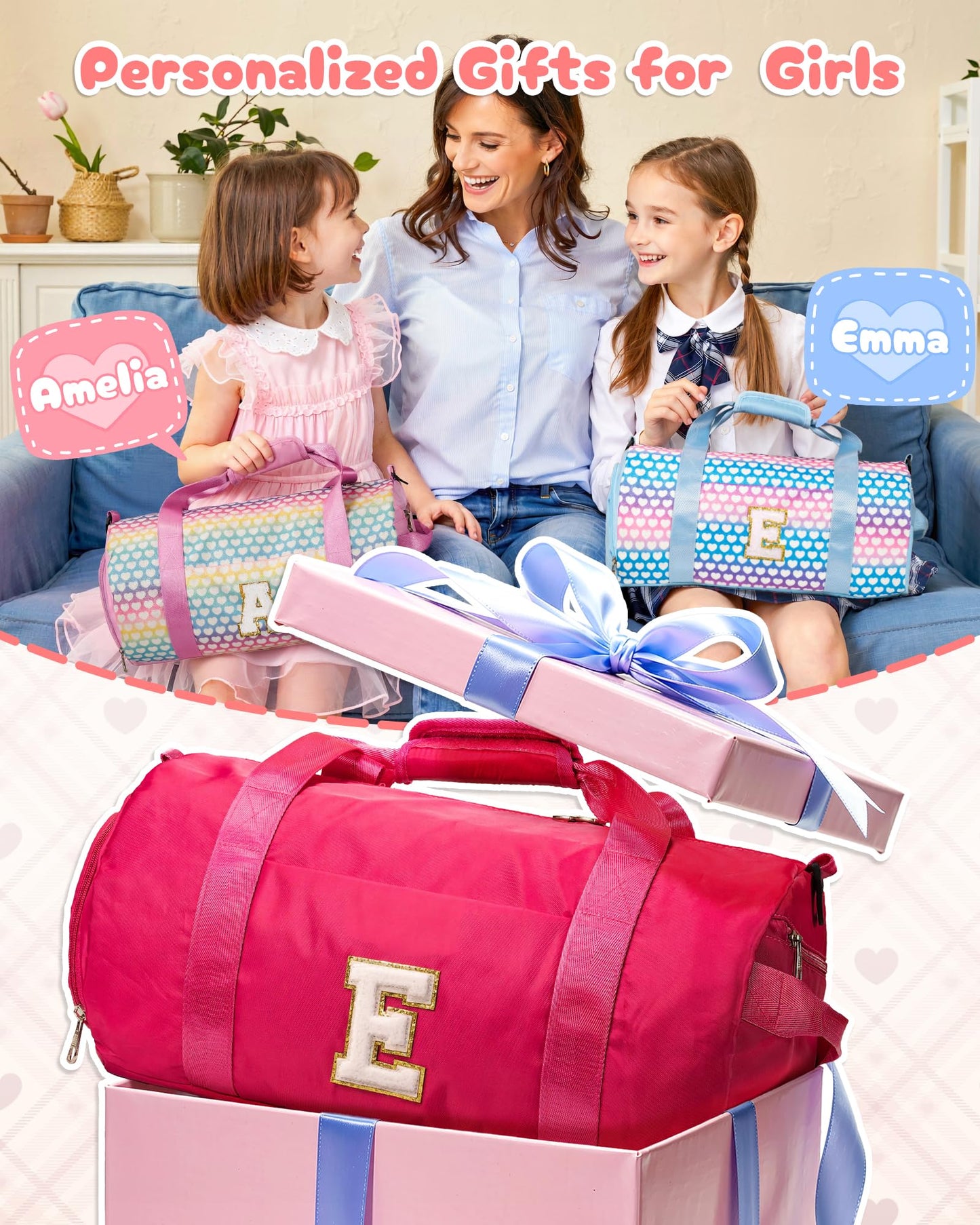 Vogewood Gifts for Grandkids, Girls Travel Duffle Bag with Makeup Pouch, Initial Kids Overnight Weekend Bag with Shoe Compartment, Teen Girl Gift Trendy Stuff (Letter M)
