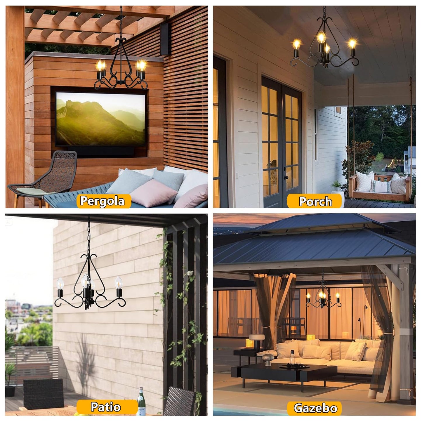 TWINKVILLA Solar Chandelier Outdoor, 4-Lights 23" Rustic Farmhouse Industrial Iron Chandeliers Waterproof Dimmable Hanging Pendant Lights for Gazebo, Pergola, Canopy, Tent Decor