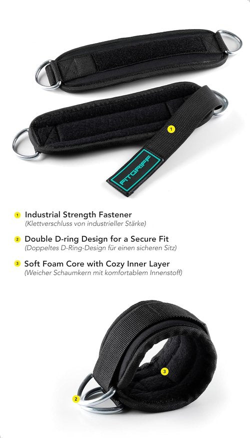 Fitgriff® Ankle Straps V3 - Premium Cable Machine Leg Pulley Attachment | 2-Pack Kickback Straps