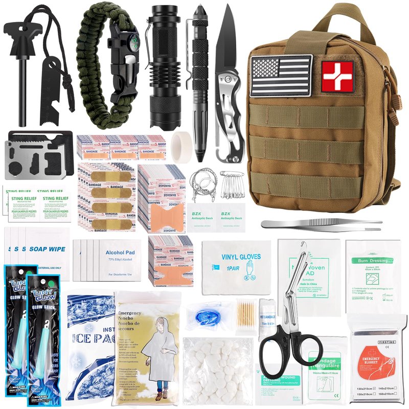 Survival First Aid Kit, Molle Medical Pouch 288PCS Outdoor Emergency Survival Gear and Equipment for Hiking Camping Hunting Car Boat Home Travel and Adventures, Gift for Him Men(Khaki)
