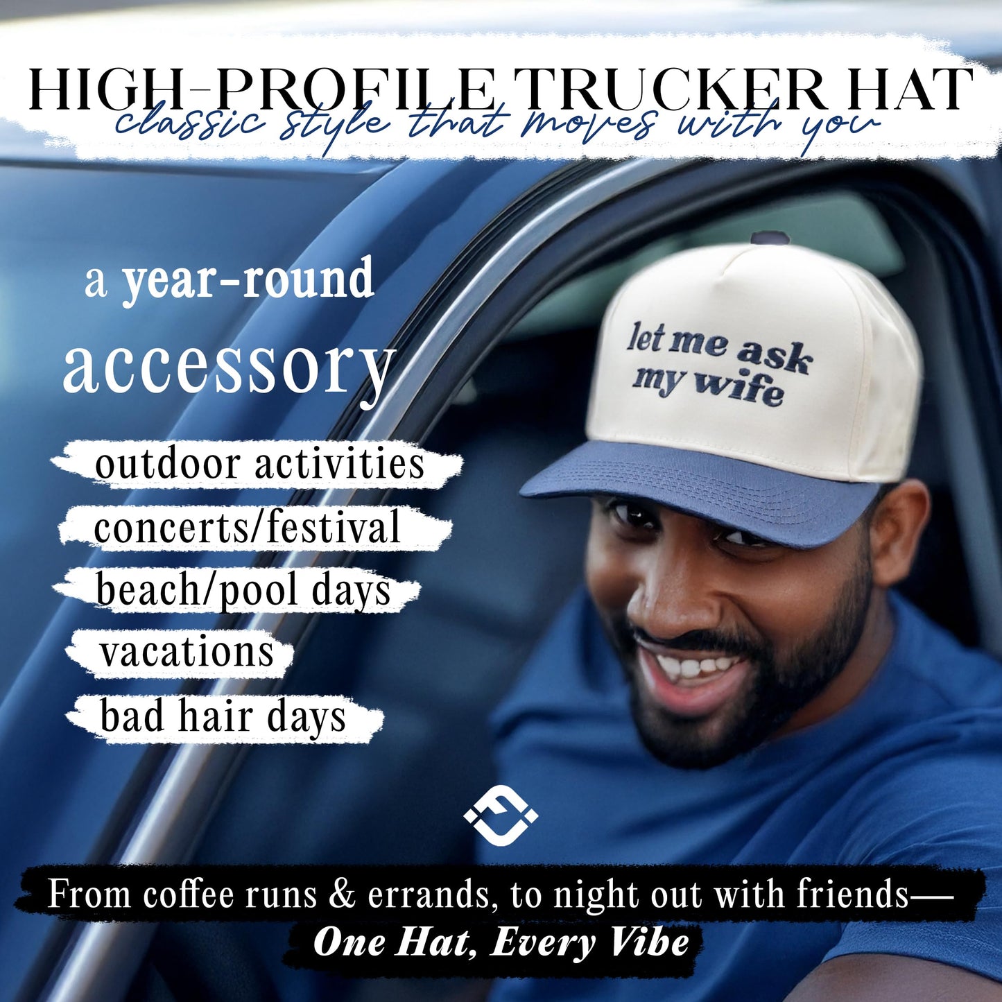 Funky Junque Canvas Snapback Trucker Hat - Father's Day, Funny Mom Hat, Baseball Cap for Mom & Dad - Let Me Ask My Wife - Beige/Navy