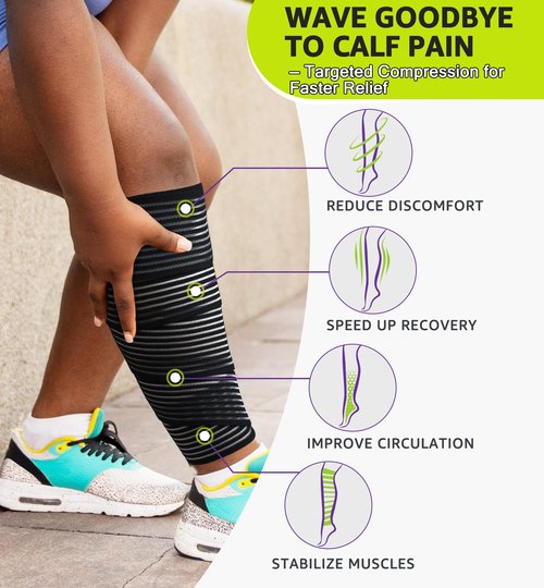 HiRui Calf Compression Wraps, 71" Adjustable Elastic Bandage Sleeves, Lower Leg Calf Support for Men & Women, Shin Splints Relief, Varicose Veins, Fitness, Running, Basketball, Soccer (2, Black)