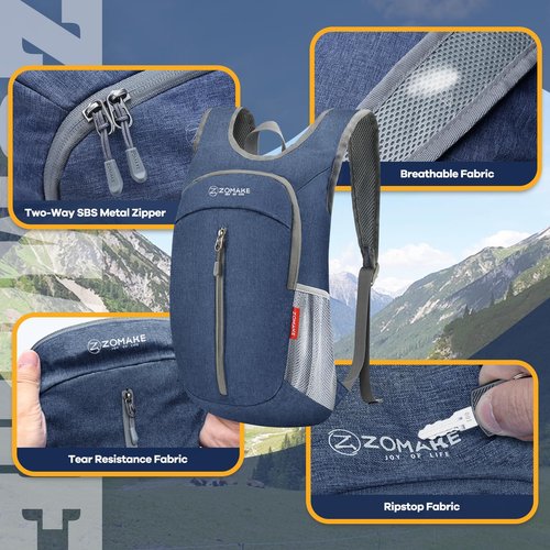 ZOMAKE 10L Ultra Lightweight Packable Backpack, Small Daypack Light Foldable Backpacks Water Resistant Day Bag for Hiking(Navy Blue)
