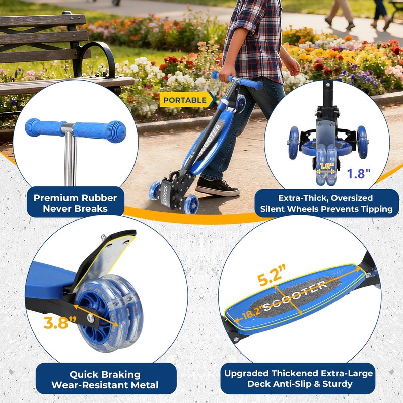 Foldable Kids Scooter with Lean-to-Steer Technology, LED Light-Up Wheels, and Quick-Adjust Handlebar – Ideal Outdoor Gift for Ages 3/4/5/6/7