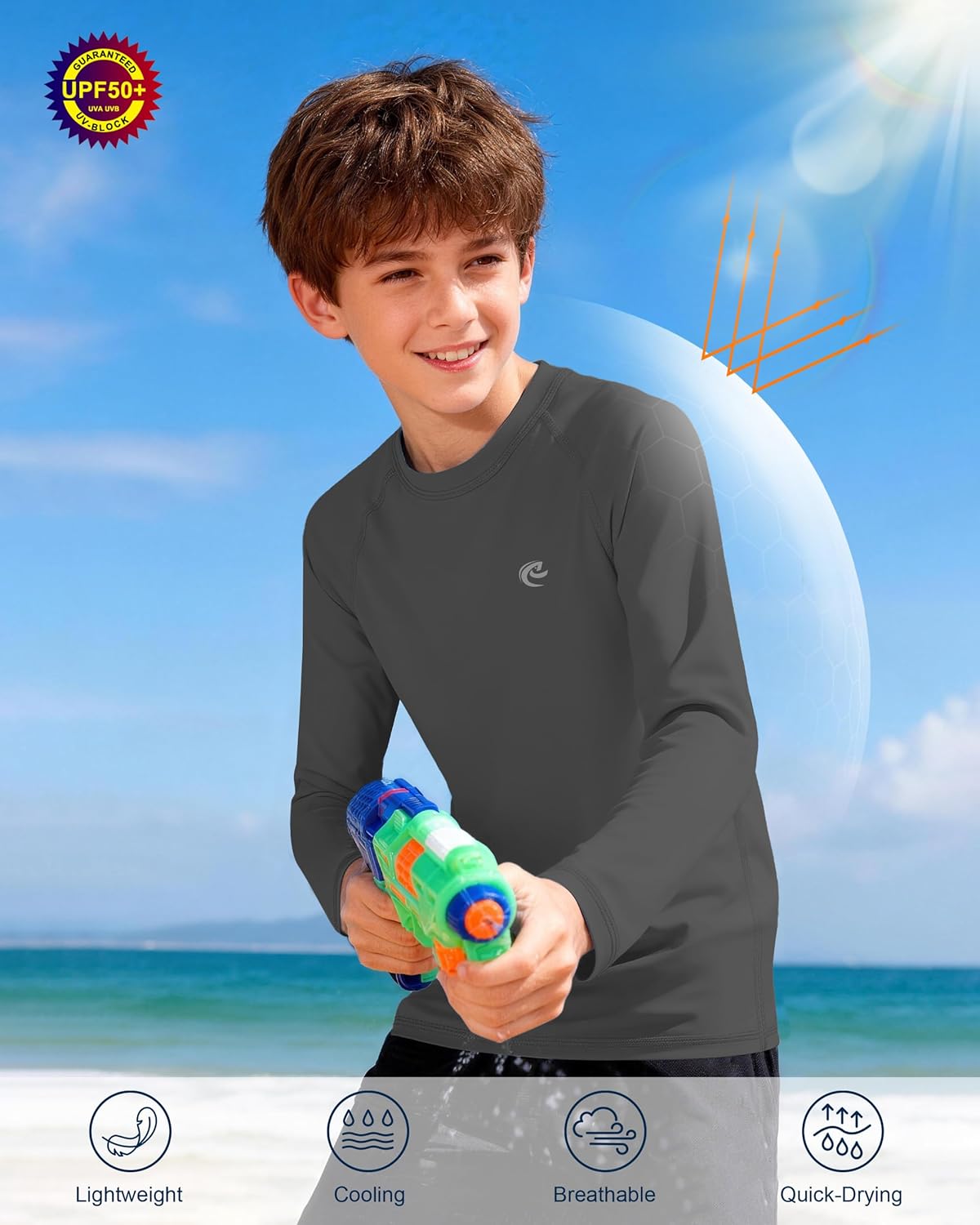 Skiennix Boys UPF 50+ Long Sleeve Swim Shirt - UV Sun Protection Rash Guard for Kids