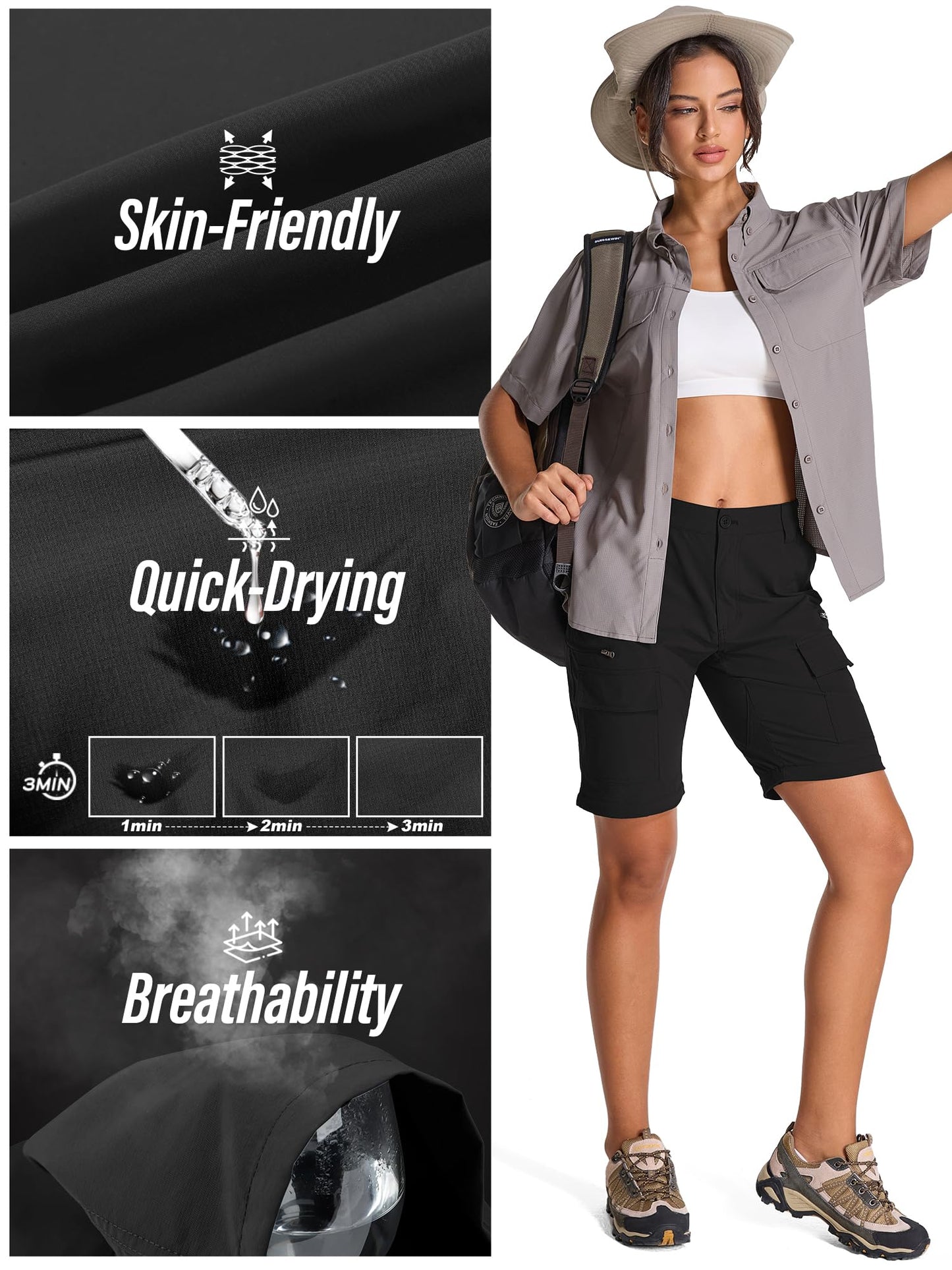 Womens Hiking Pants Convertible Quick Dry Lightweight Zip Off Outdoor Safari Pants with Cargo Pockets,2195,Black,10