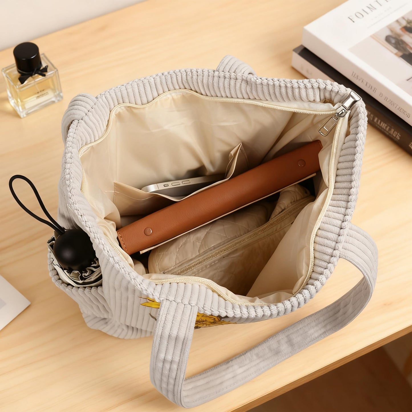 Personalized Birth Flower Corduroy Tote Bag for Women | Name Shoulder Bags