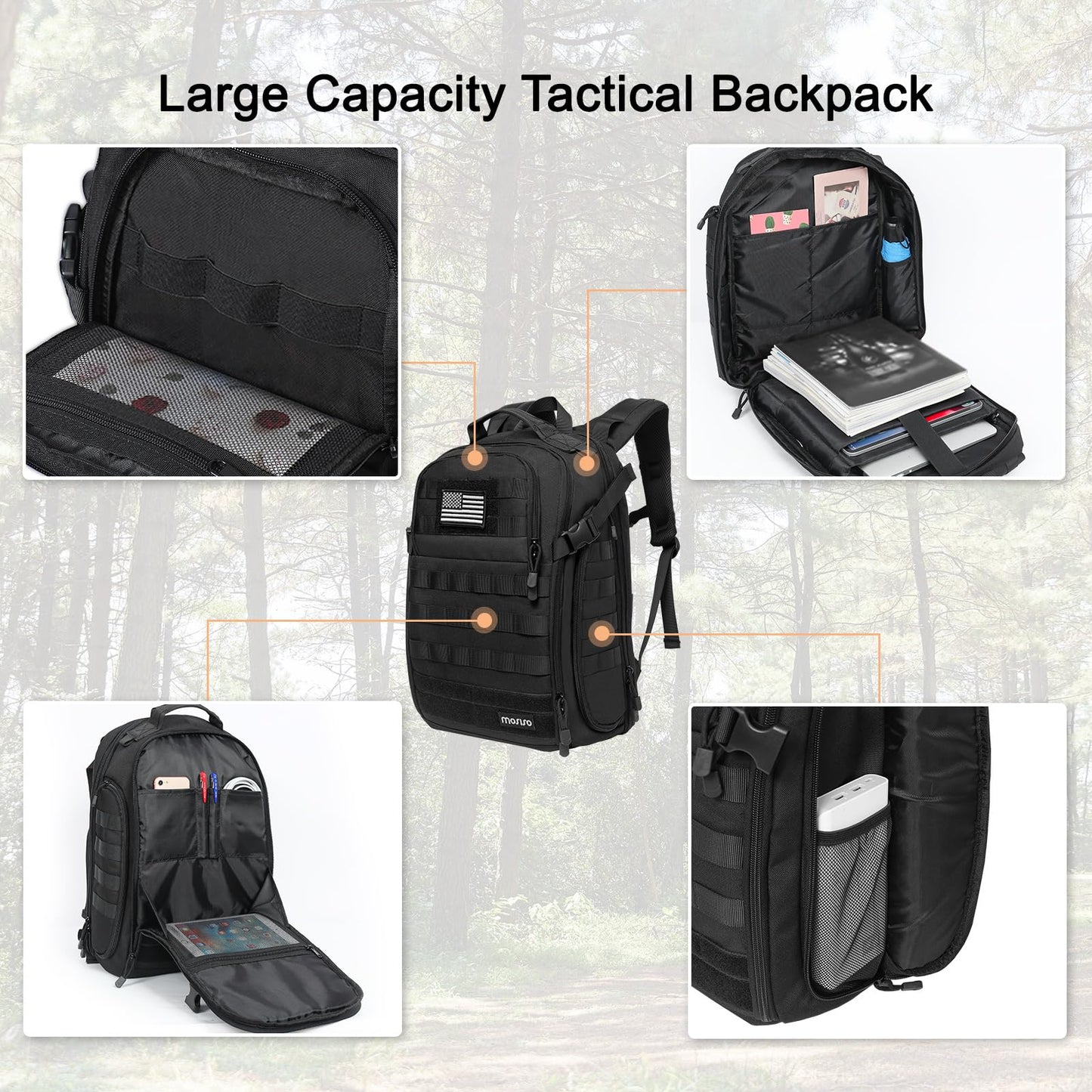 MOSISO Tactical Backpack, 2-Layer Military Daypack 3 Day Assault Pack Rucksack Outdoor Hiking Hunting Camping Training Travel Shoulder Bag with Trolley Belt & USA Flag Patch, Black