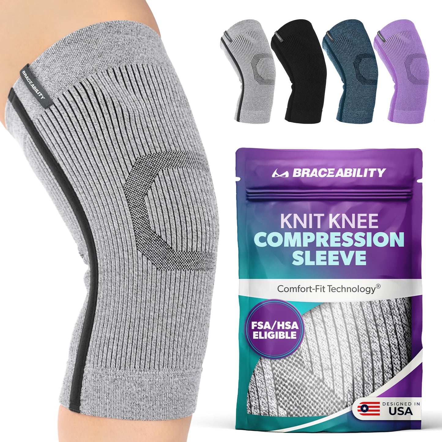 BraceAbility Knee Compression Sleeve - Knit Knee Pain Brace for Men or Women, Arthritis Relief, Meniscus Tear, Running, Workout, Sports, Swelling, Athletic Support for Joint Stability (XL/2XL Gray)
