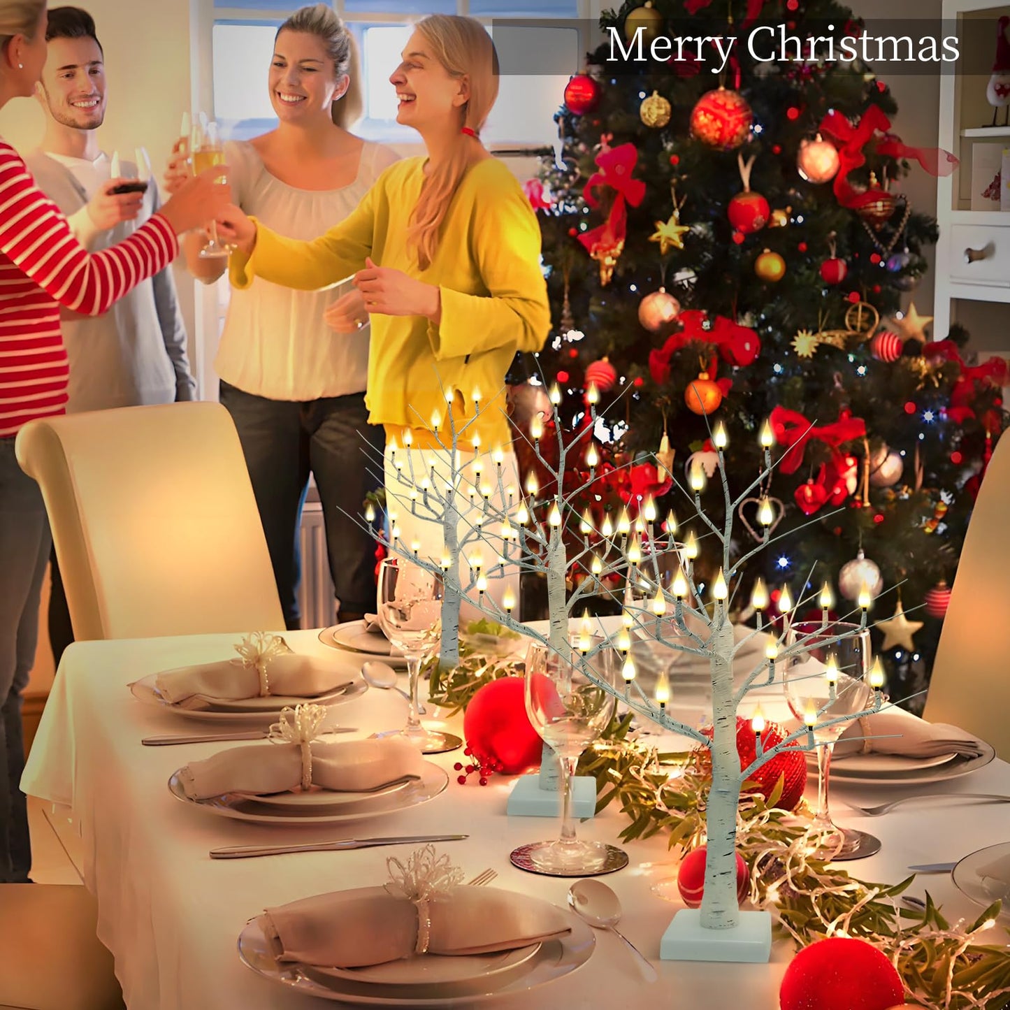 Evicyego 2Ft Lighted Christmas Tree Candles Indoor Decoration, Twinkle Tree with 24LED Flameless Candles Lights, USB/Battery Operated Birch Tree Candles for Home Thanksgiving Christmas Mantel Decor