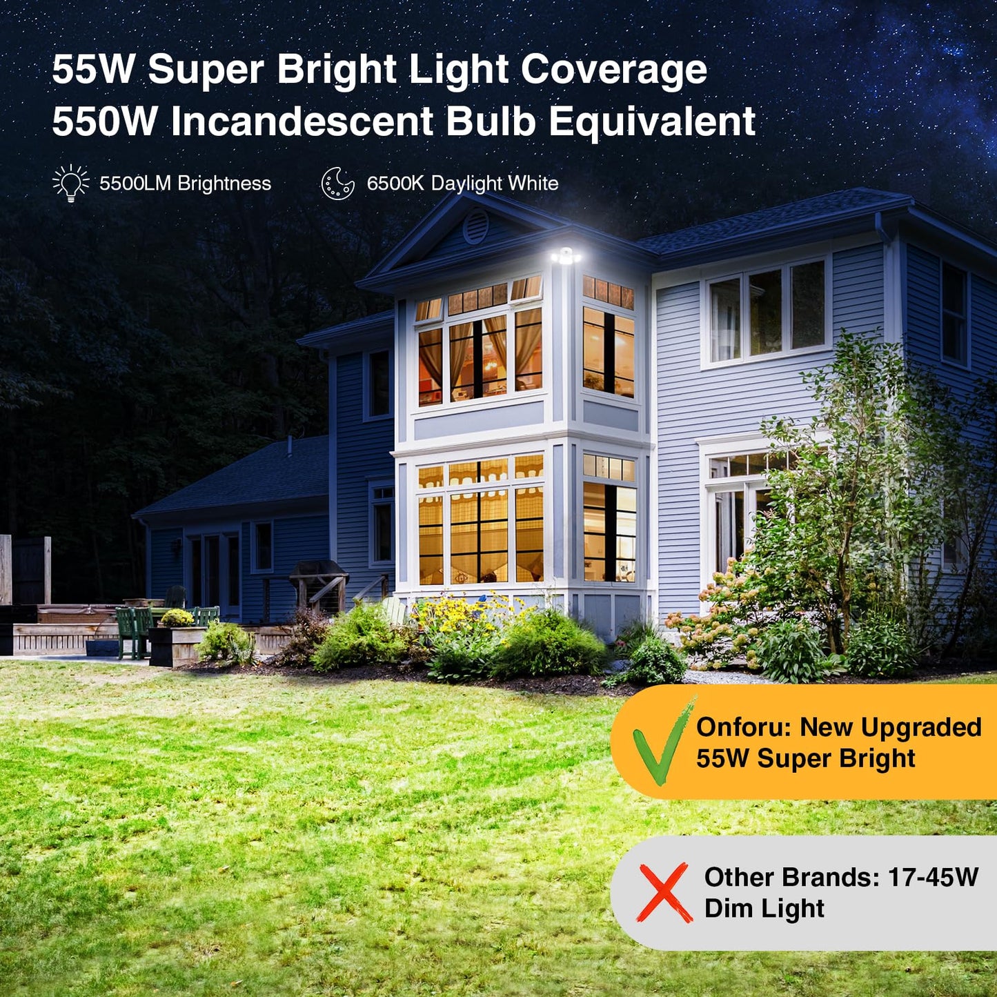 Onforu 55W LED Dusk to Dawn Outdoor Lighting, 2 Packs 6000LM Exterior Flood Lights, IP65 Waterproof Outdoor 3 Adjustable Heads Photocell White Lights Fixture, 6500K Daylight White Floodlights