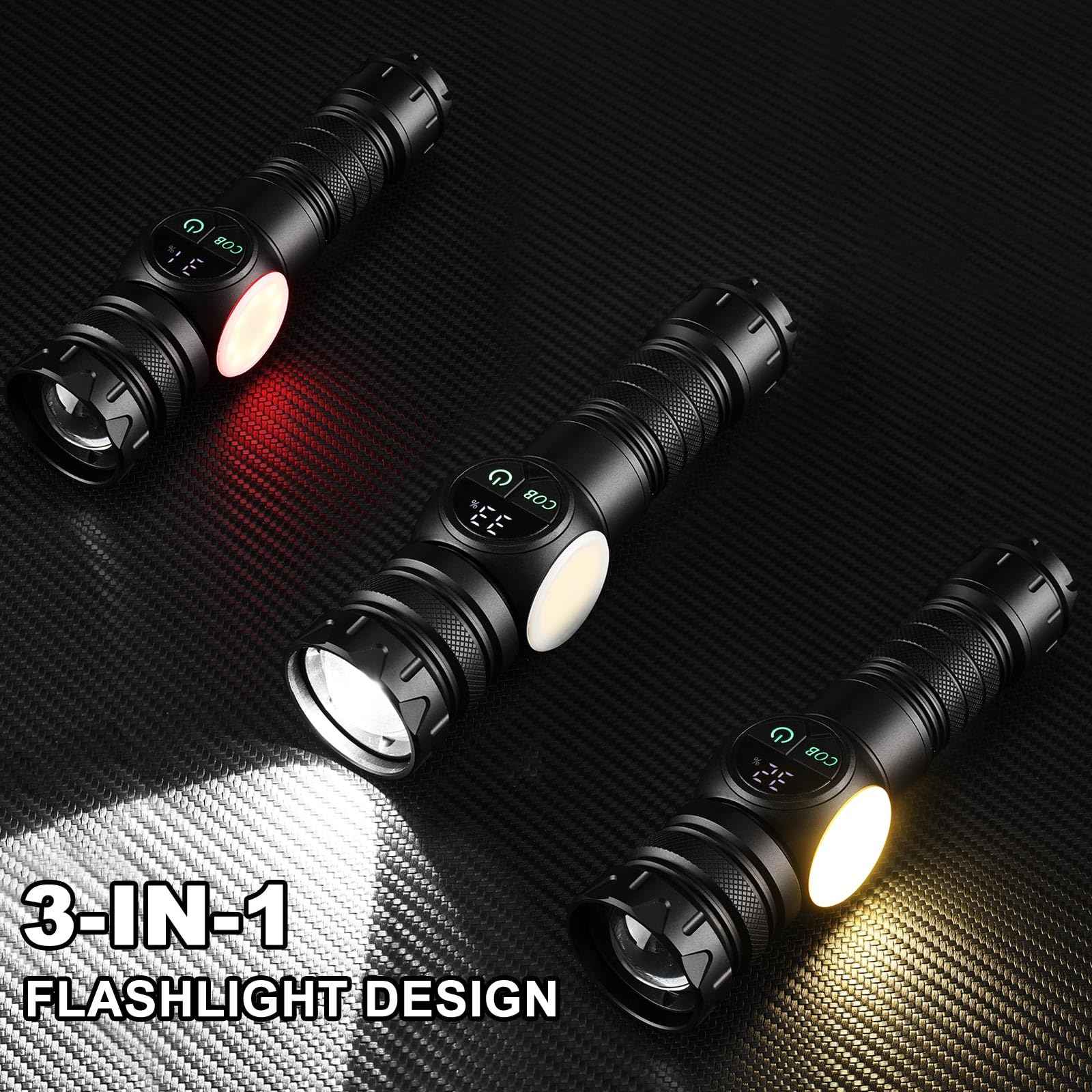 iodoo 3 in 1 Rechargeable Flashlight True 5000 Lumens Outdoor Strong Cob Light, 5000mAh Zoomable Beam LED Flash Light with Magnet Power Failure Emergency Survival Kits Snowstorm (Standard)