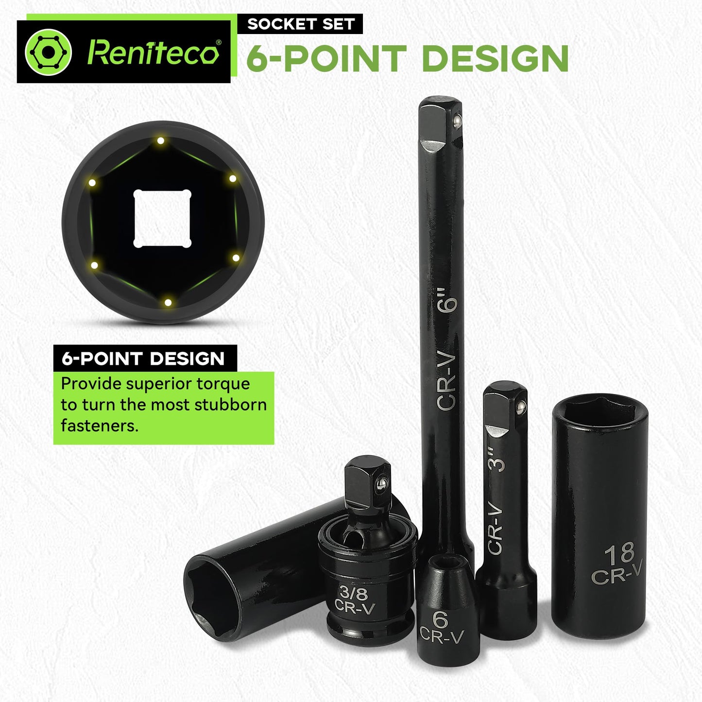 Reniteco 95-Piece 3/8" Socket Set, SAE (5/16"-3/4") & Metric (8mm-22mm), Ratchet Handle, Extension Bar, Adapter, Universal Joint, Power Drill Adapter, Screwdriver Bit, Spark Plug Socket