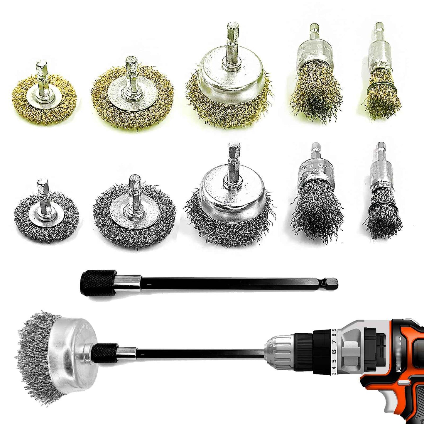 Daily Treasures 10 Pack Wire Wheel Cup Brush Set for Drill Abrasive with 1/4" Hex Shank,Extension Rod for Safty,Brass Coated Crimped Drill Sanding Attachment，Metal Brush for Drill Rust Removal