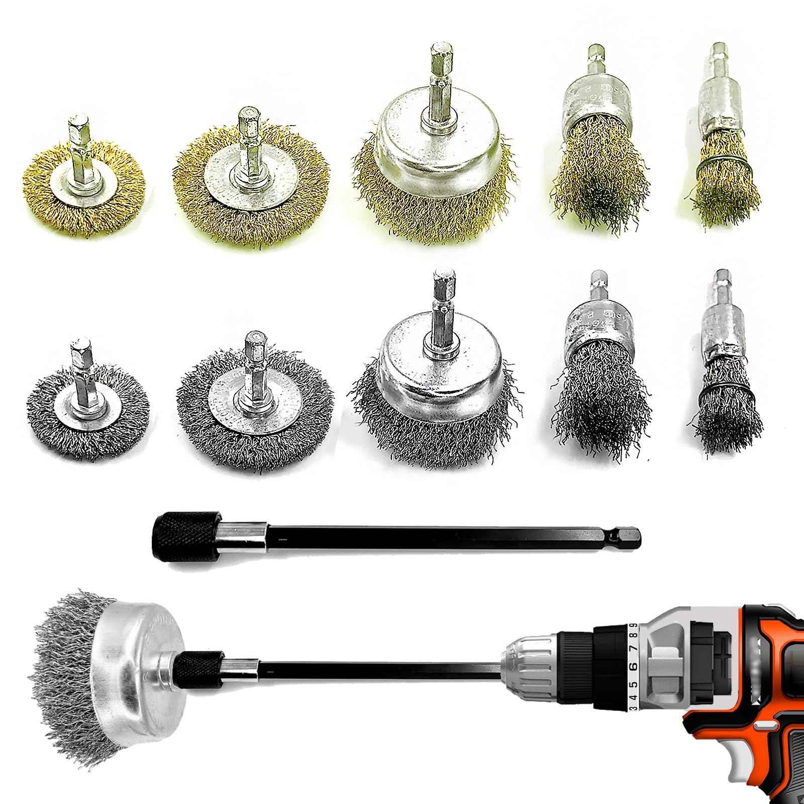 Daily Treasures 10 Pack Wire Wheel Cup Brush Set for Drill Abrasive with 1/4" Hex Shank,Extension Rod for Safty,Brass Coated Crimped Drill Sanding Attachment，Metal Brush for Drill Rust Removal