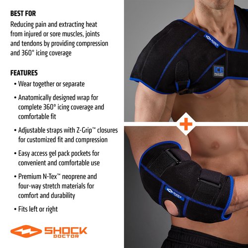 Shock Doctor ICE/Heat Recovery Compression Shoulder & Elbow Wrap Brace, Reusable Gel Ice Packs for Injuries, Hot Cold Therapy