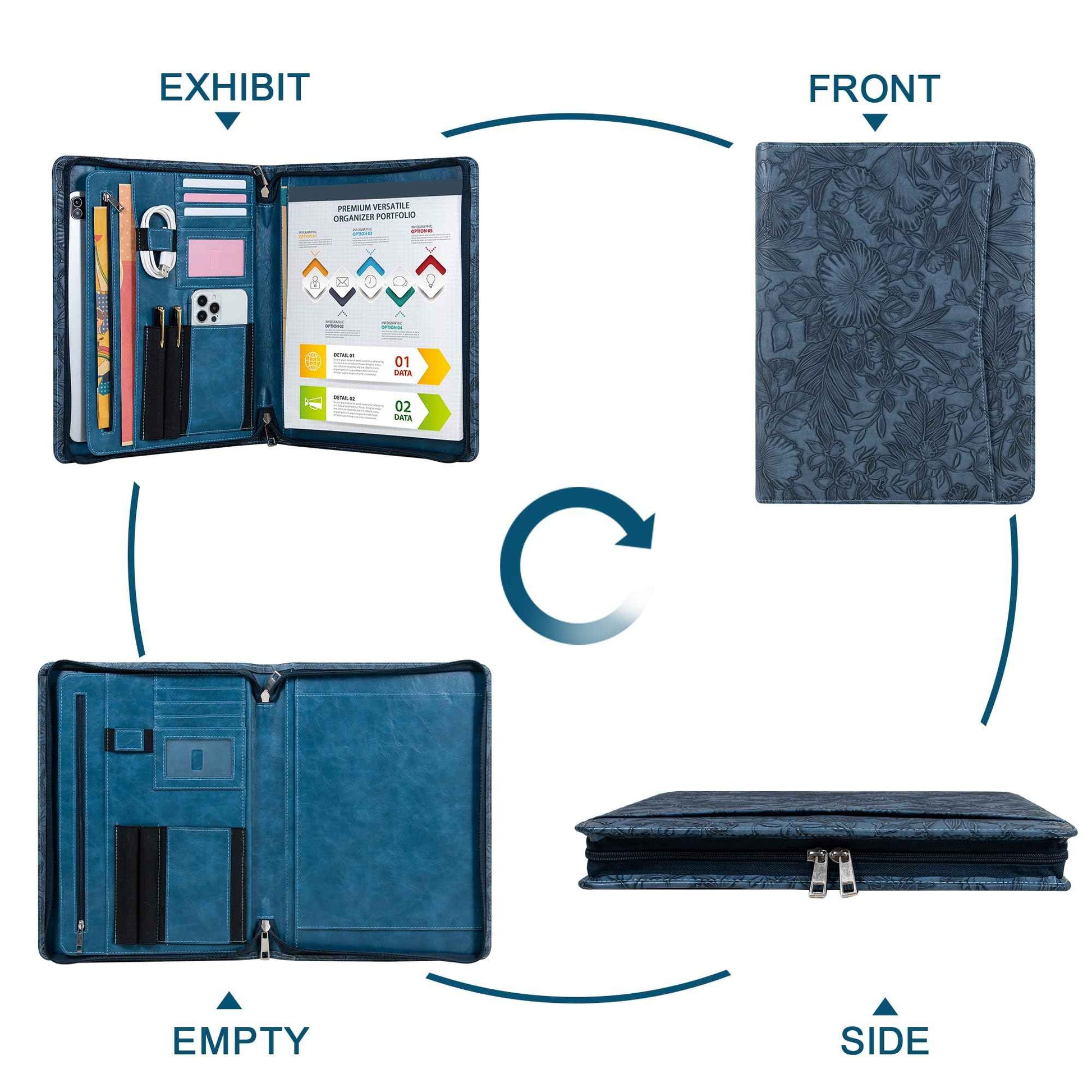 Embossed Vegan Leather Portfolio for Women,Professional Organize Padfolio with A4 Notepad Holder,Professional Business Document Organizer for Women (Blue)