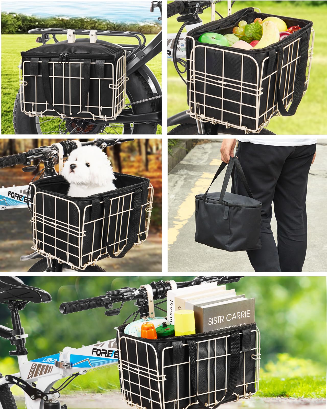 Zacro Bike Basket Front White, Folding Bicycle Basket with Removable Liner Bag, Large Quick Release Design Metal Ebike Basket for Adult Women/Men Carrying Dogs, Pets, Fruit & Grocery