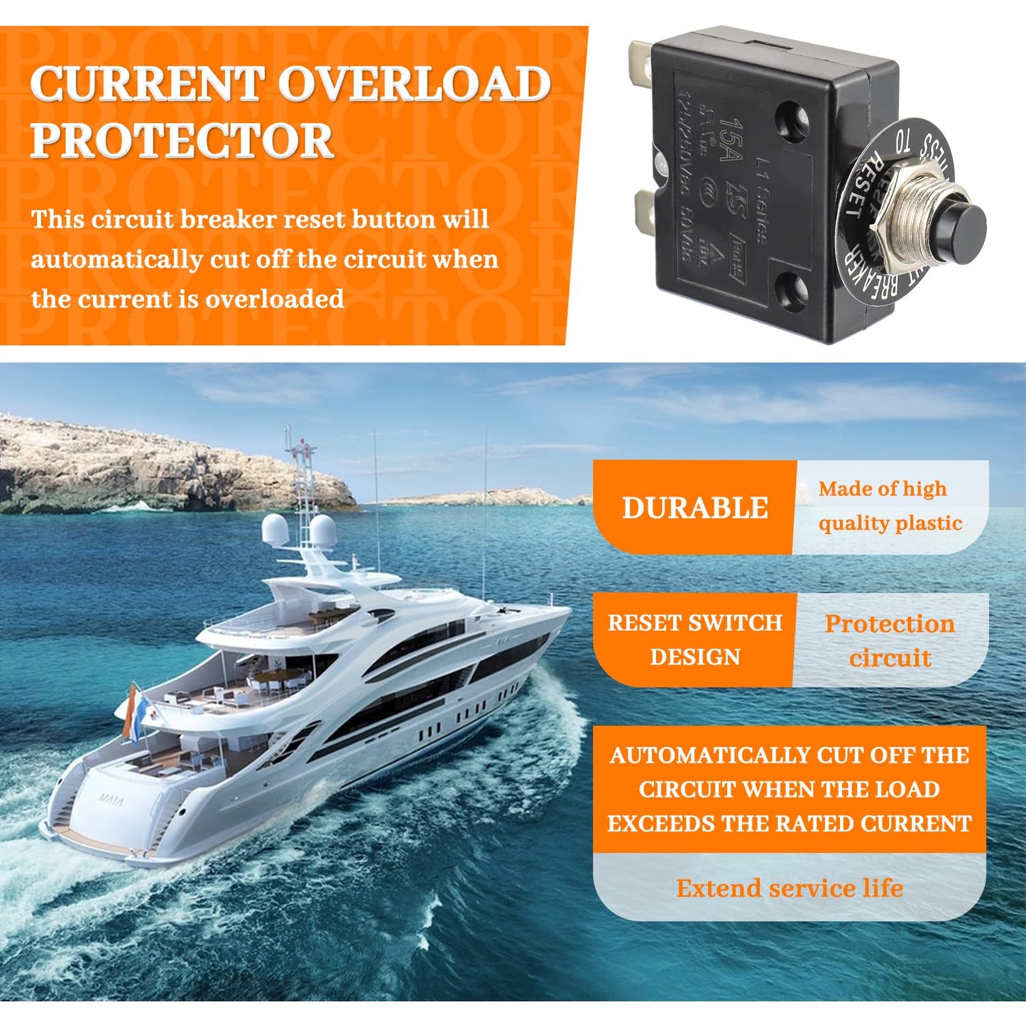 HUWREW 15 Amp Push Button Circuit Breaker 125-250V AC 50V DC L1 Series Manual Reset Thermal Circuit Breaker 15A Thermal Overload Protector (Pack of 2)