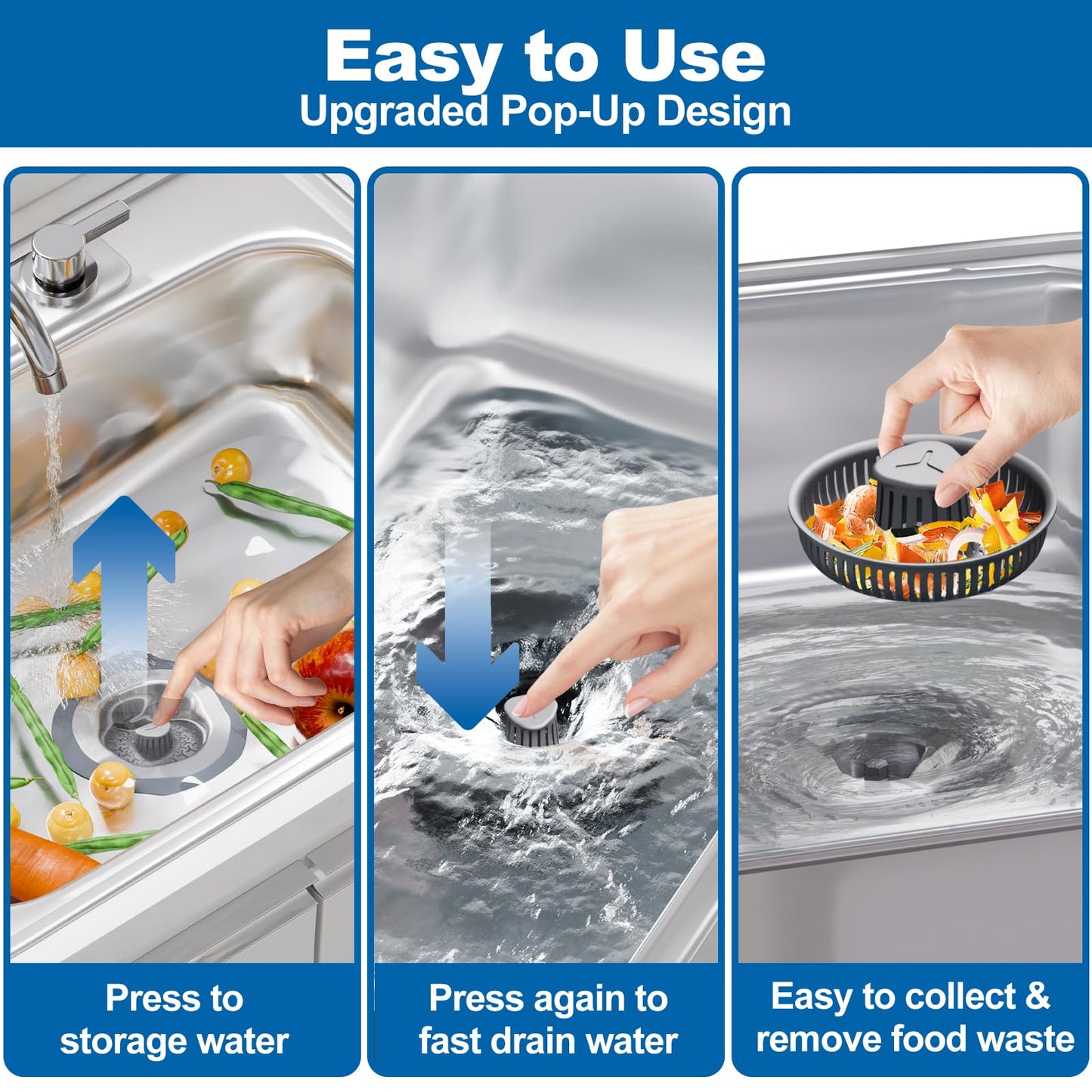 Auspok 3 in 1 Universal Kitchen Sink Drain Strainer Stopper–304 Stainless Steel & Silicone Anti-Clog Basket,3-Layer Leak-Proof Ring for 3.5”US Standard Drains,Easy-Clean,Odor Isolation,No Installation