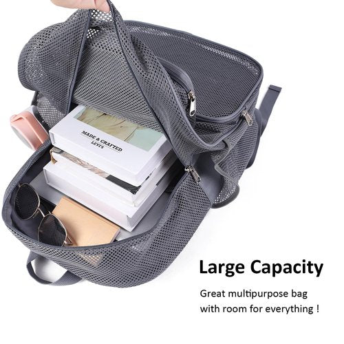 COVAX Large Mesh Backpack, Semi-transparent College Backpack, See Through Mesh Bookbag with Bungee and Comfort Padded Straps for Travel, Swimming, Beach, Outdoor Sports (Grey)
