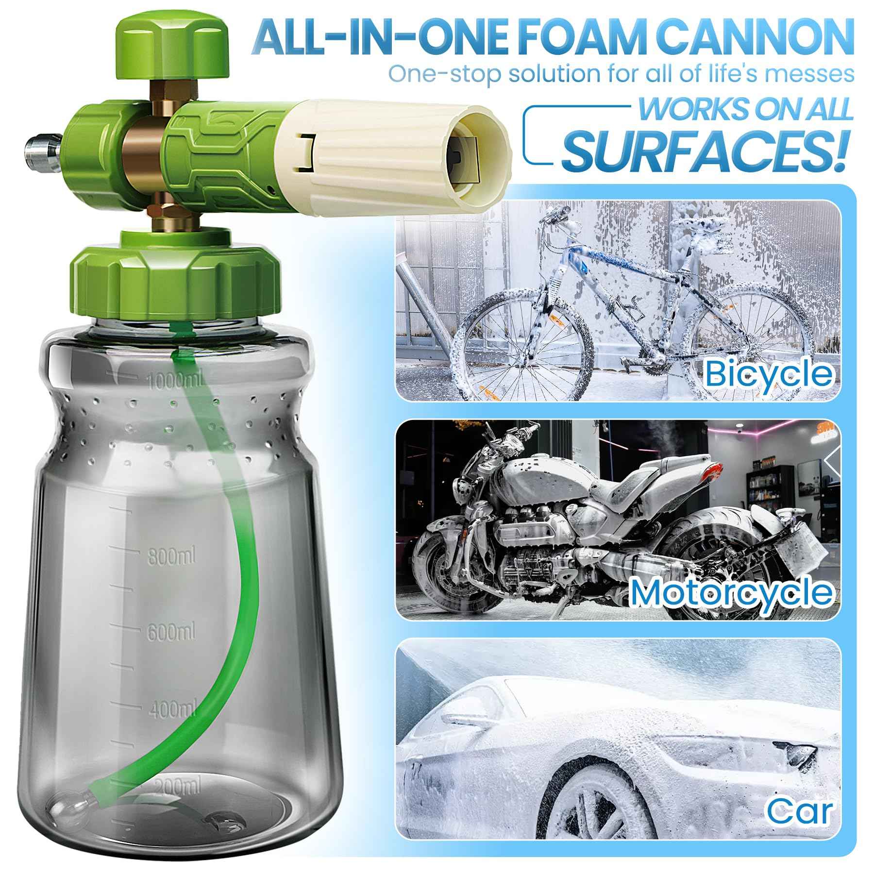 LanAqua Foam Cannon for Pressure Washer, Upgraded Wide Mouth Snow Foam Cannon for Car Wash, Adjustable Thick Portable Car Wash Sprayer with 1/4" Quick Connector, Additional 1.1 mm Orifice Nozzle