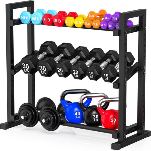 LarFaFa 3-Tier Adjustable Dumbbell Rack, Weight Rack for Home Gym Storage, Heavy Duty Weight Stand for Dumbbells, Kettlebells & Free Weights, Space-Saving Dumbbell Rack Stand Only(Up to 450LB Capacity)