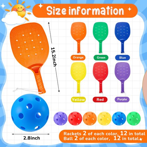 Lunmon Plastic Paddleball Racket with Balls PE Equipment for Elementary School 15.2 x 7.5 Inches Paddle Ball Racket with Lanyard Physical Education Classes Equipment 6 Colors(6 Pcs)