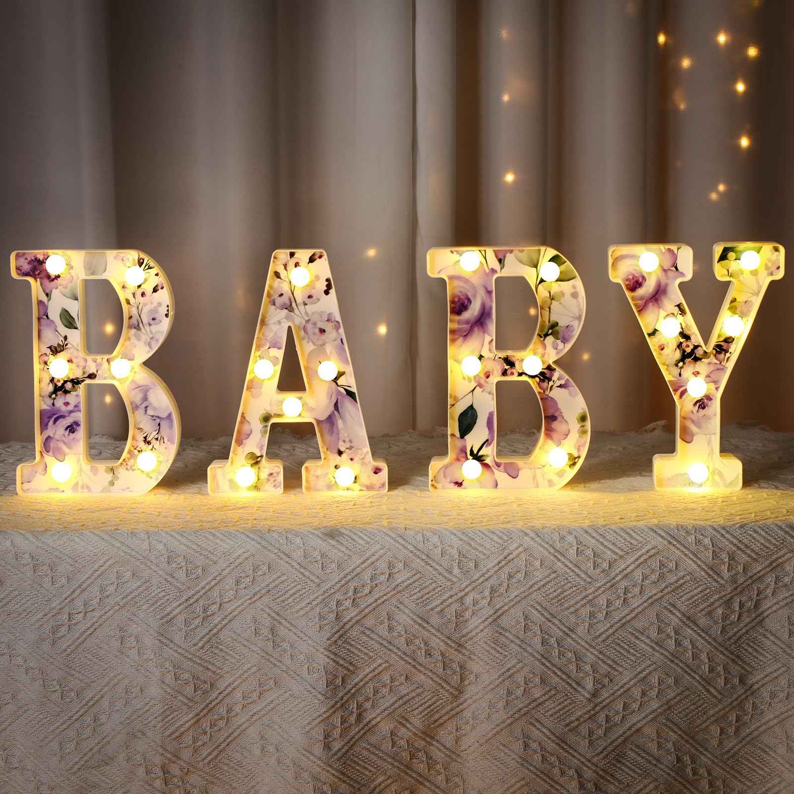 Realspring Woodland Greenery Centerpieces Baby Marquee Light up Sign Letters 8.26'' Baby Shower Letter Battery Operated Gender Reveal Birthday Party Decor for Home Table (Purple)